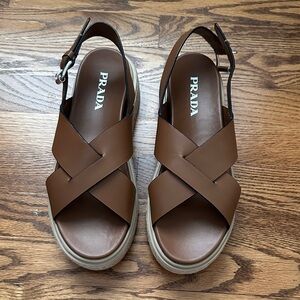 Prada Tan Leather Cross-Strap Espadrille Sandals